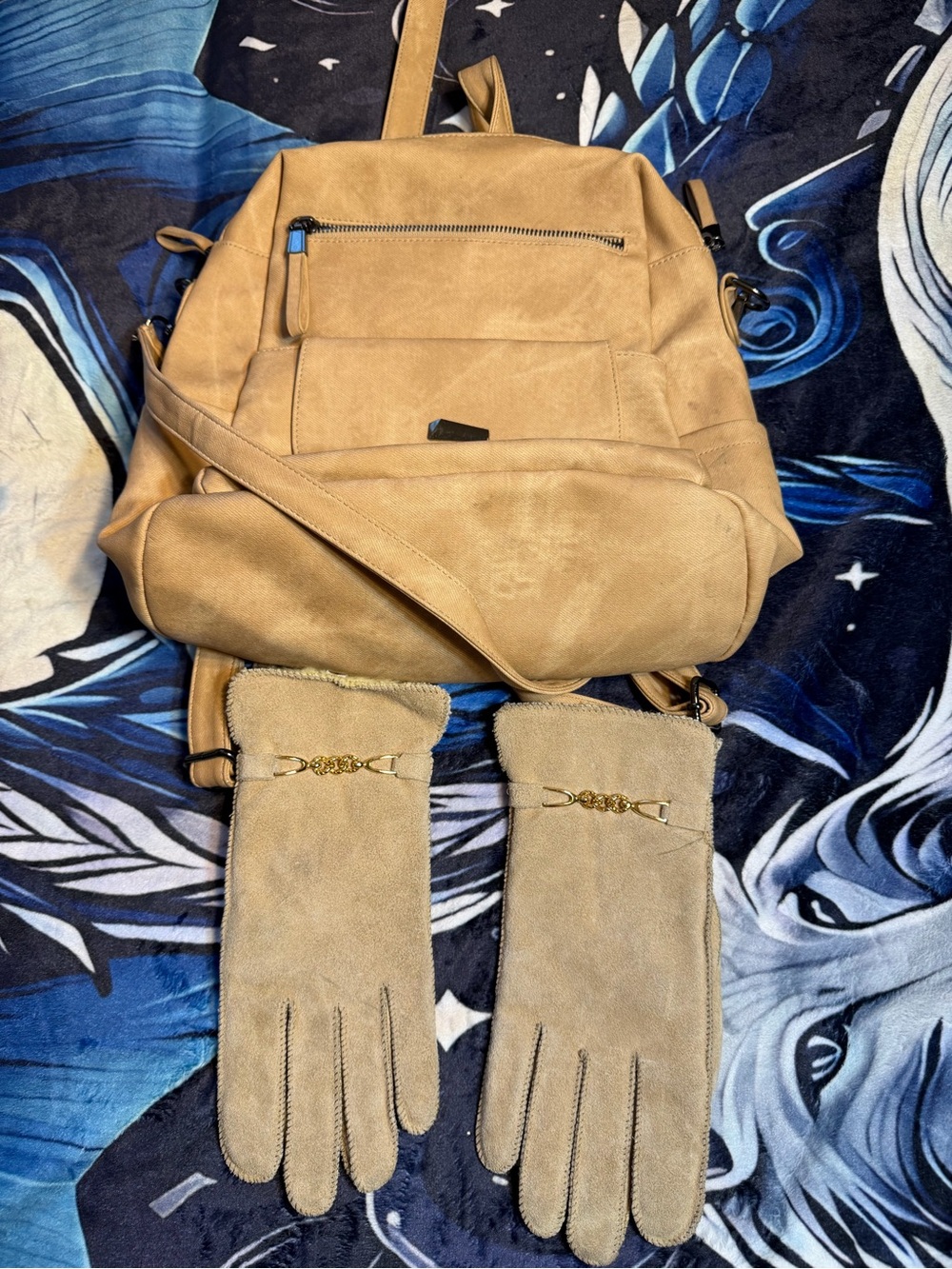 Neutral Tan Suede Backpack with Matching Gloves - Men